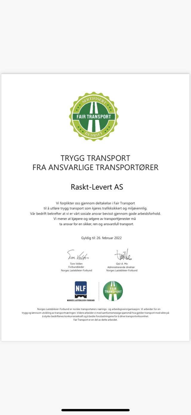 Raskt-Levert AS ble også i år godkjent som Fair Transport bedrift! - Kvalitative og gode rutiner i alle ledd!